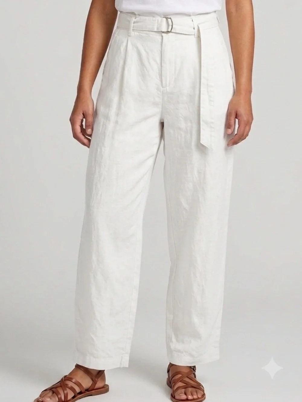 Zara 100% Linen Trouser Pant Womens Size 32 Natural Ecru Belted Wide Leg Pockets